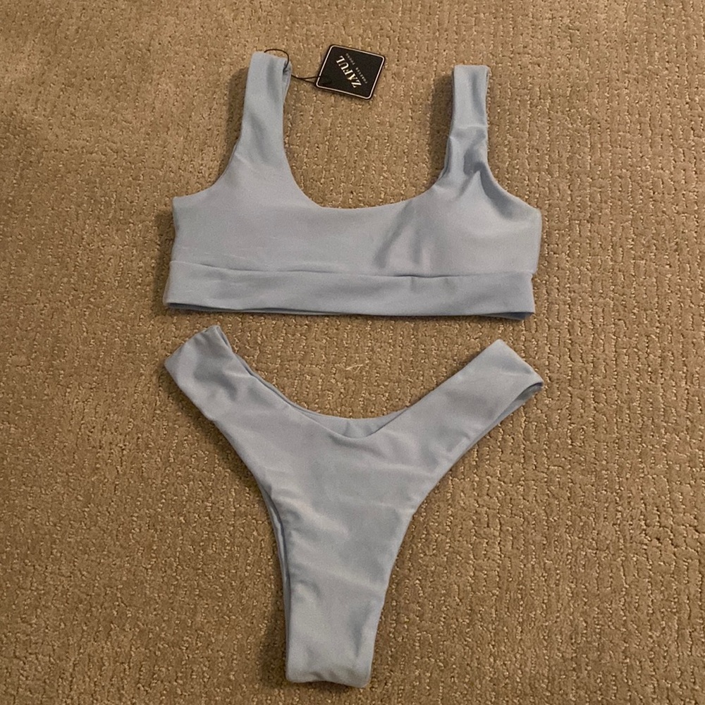 Zaful Scooped High Cut Bikini Set- Light Blue